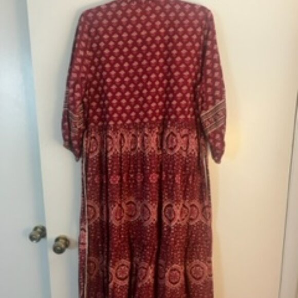 Deep Red Patterned Cotton Midi Dress with Removable Belt - Picture 4 of 4